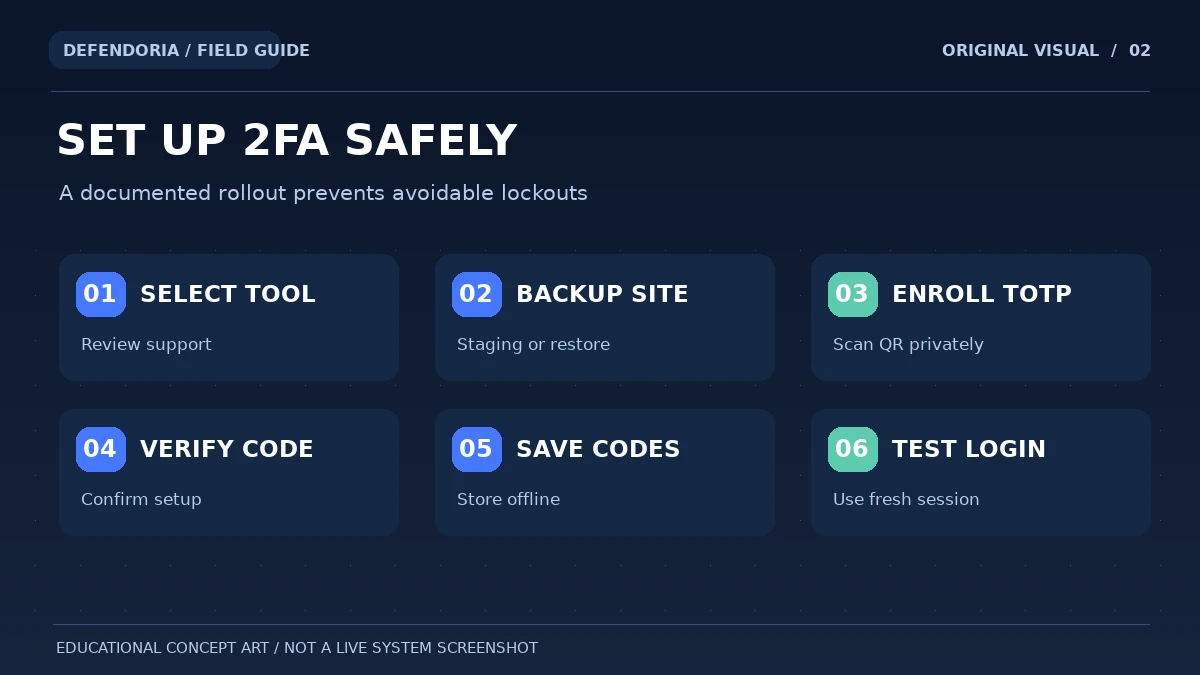 Original six-stage visual workflow for safe WordPress 2FA setup and rollout