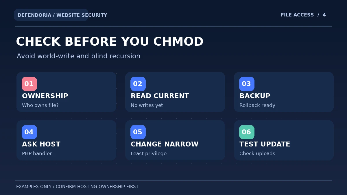 Original diagram showing safe permission audit steps including ownership, read-only checks, host review and website testing