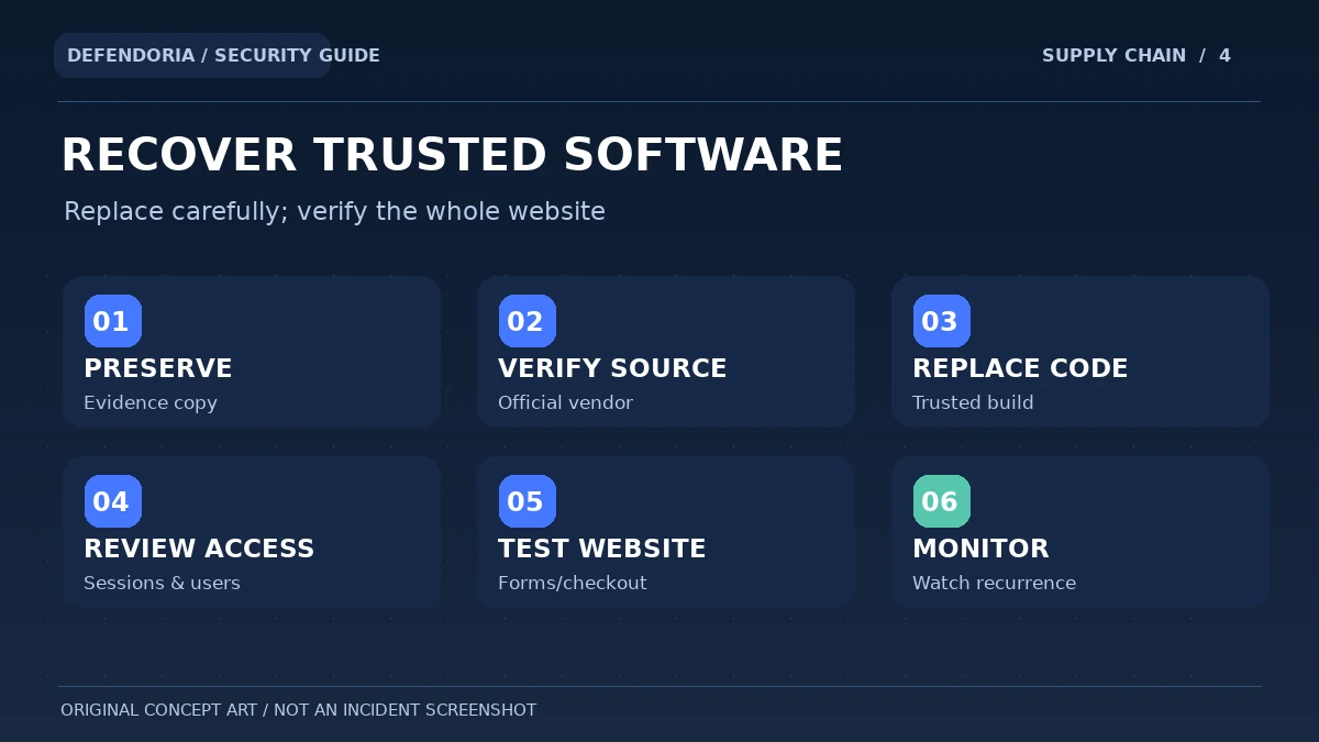 Original educational diagram for preserving evidence, replacing untrusted software, reviewing access and verifying recovery