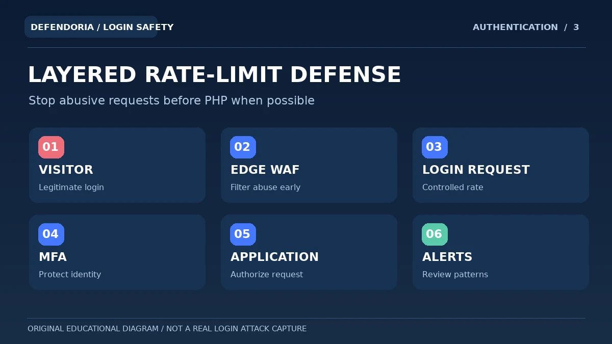 Original diagram showing edge WAF, rate limits, multifactor login and monitoring layers