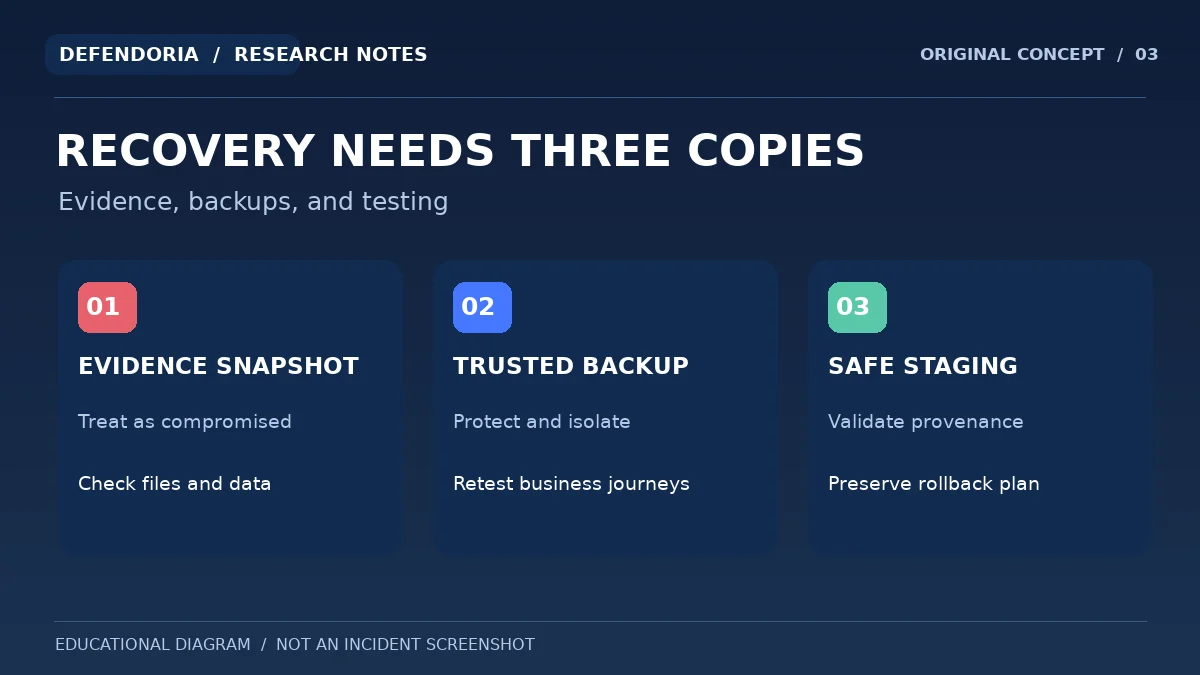 Original illustration contrasting incident evidence, trusted backups and a safe staging environment