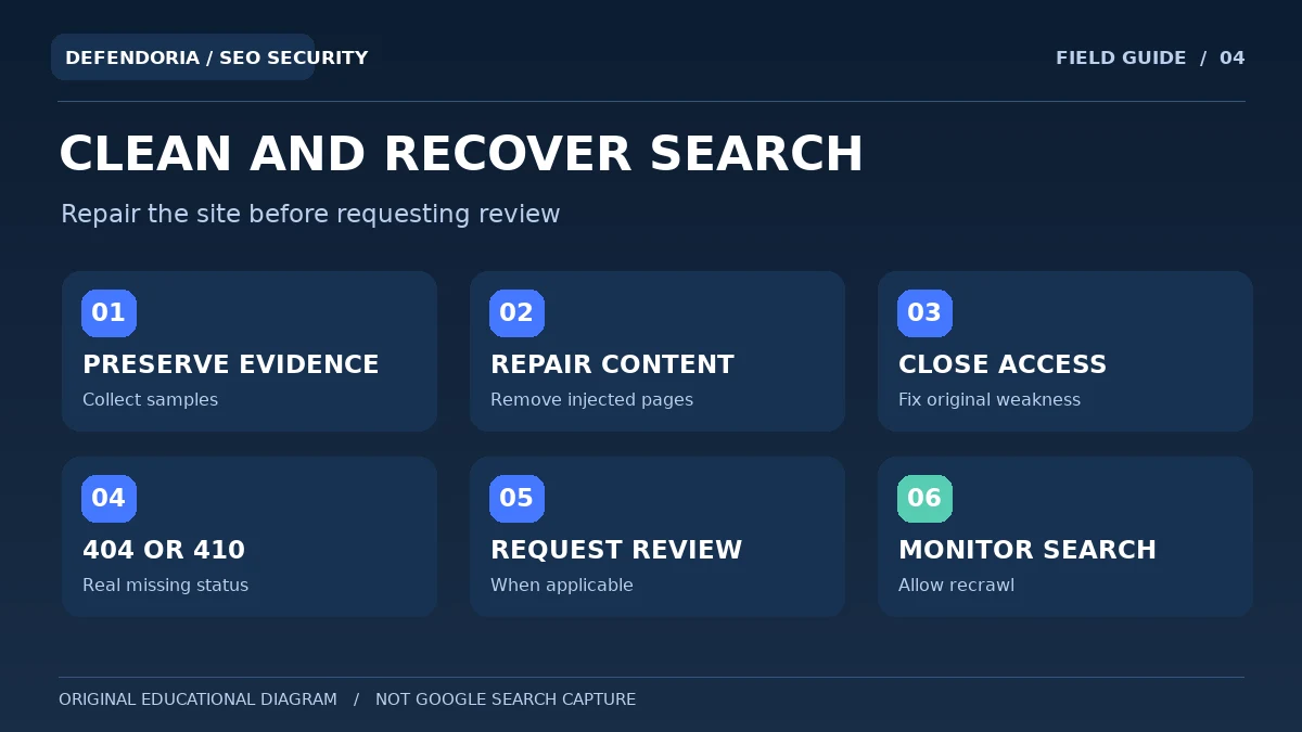 Original infographic of Japanese keyword hack containment, cleanup, HTTP status and Google review steps