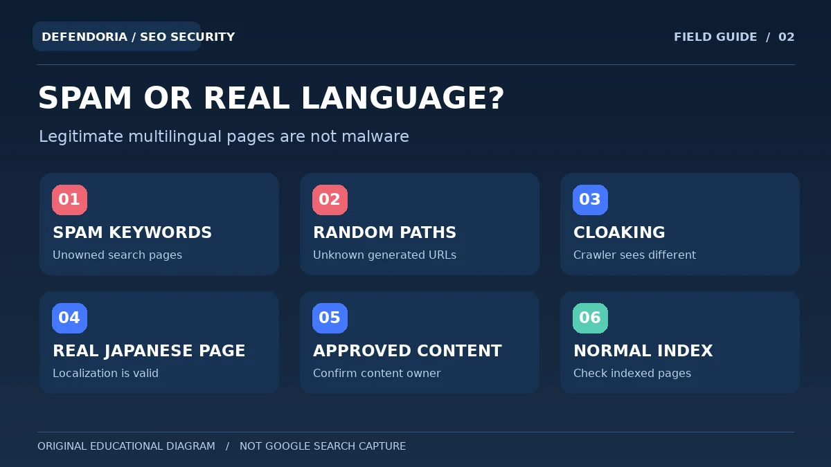 Infographic comparing unauthorized Japanese keyword spam with legitimate multilingual website content