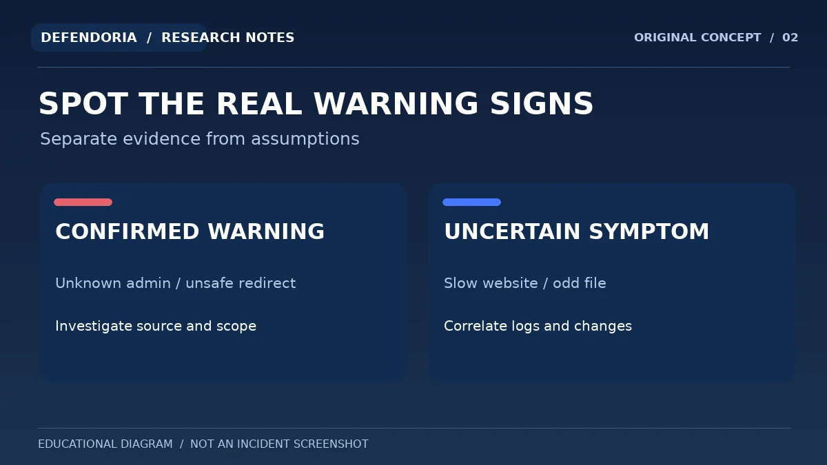 Original infographic comparing stronger WordPress malware evidence with uncertain symptoms
