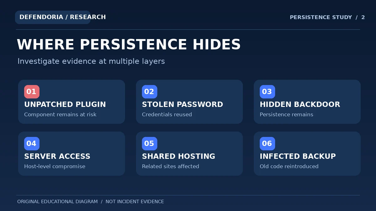 Diagram showing six possible reasons WordPress malware may reappear