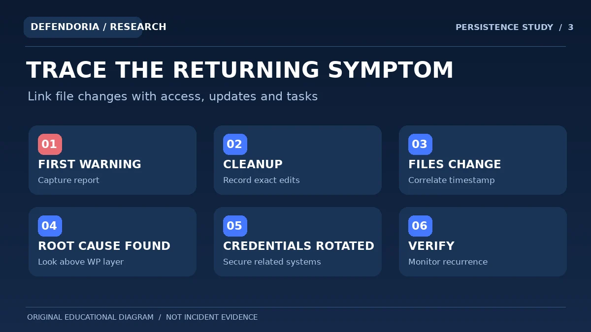 Diagram linking repeated WordPress malware symptoms with timestamped investigation and recovery events