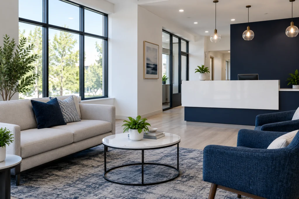 Wide editorial photograph of a small independent insurance agency reception with empty consultation seating, large windows, white surfaces and restrained navy accents, no signage people or readable documents (AI-generated concept)