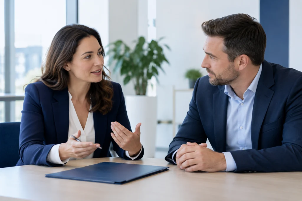 Two insurance business colleagues discussing responsibilities across a table with a plain navy folder, bright meeting room, no readable documents screens brand marks or customers (AI-generated concept)