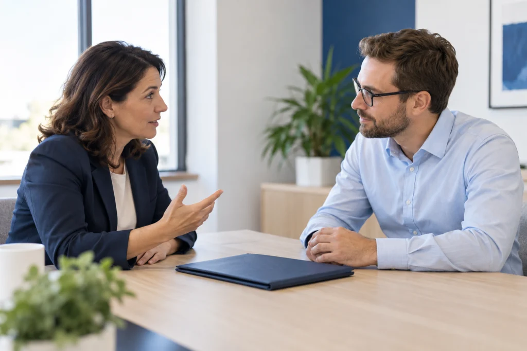Insurance business owner and website specialist discussing a plain closed folder at a quiet meeting table, candid profile view, bright office, no screens showing data or readable documents (AI-generated concept)