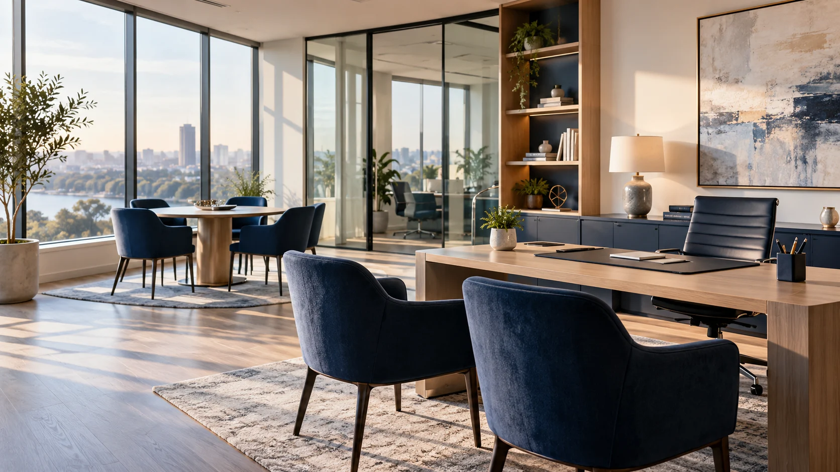 Panoramic realistic editorial photograph of a quiet contemporary insurance brokerage consultation office before business hours, bright large windows, clean consultation desks and navy upholstered chairs, no people, no signage or readable documents (AI-generated concept)