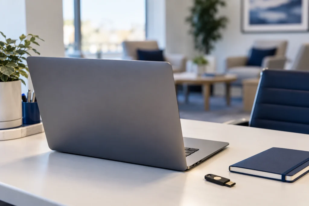 Close still life of an unbranded laptop viewed from behind on a clean insurance office desk beside a plain security key and closed navy notebook, softly blurred consultation space, no visible interface (AI-generated concept)
