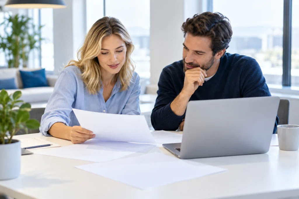 Insurance website content editor and business colleague reviewing blank page-layout sheets and an unbranded laptop seen from behind at a bright office table, candid diagonal composition, no readable text charts certificates or logos (AI-generated concept)