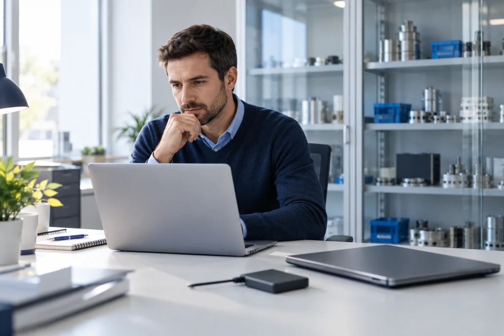 Website administrator preparing a recovery check in an office (AI-generated concept)