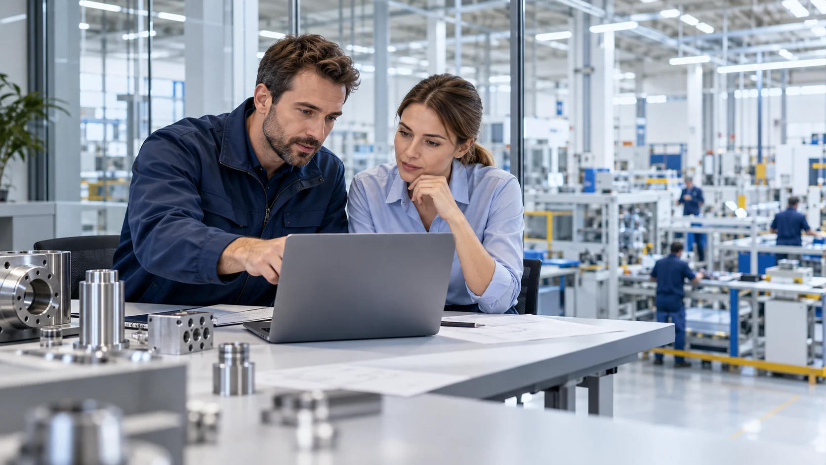 Manufacturing sales and engineering colleagues reviewing a website enquiry (AI-generated concept)