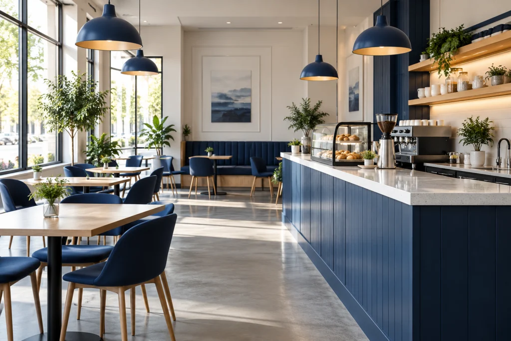 Wide environmental photograph of a small contemporary café before opening, spotless counter and empty seating, natural daylight, quiet navy accents, no people signage or brand marks (AI-generated concept)