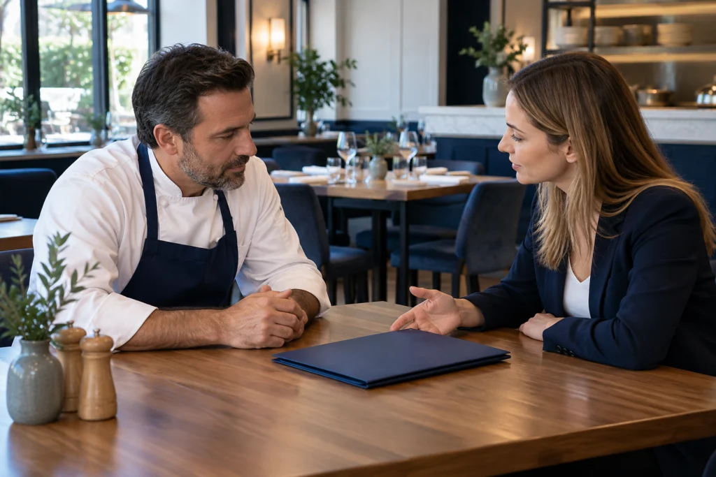 Independent restaurant operator and web consultant discussing a plain closed folder across a quiet dining table before opening, candid profile composition, no customers or readable screens (AI-generated concept)