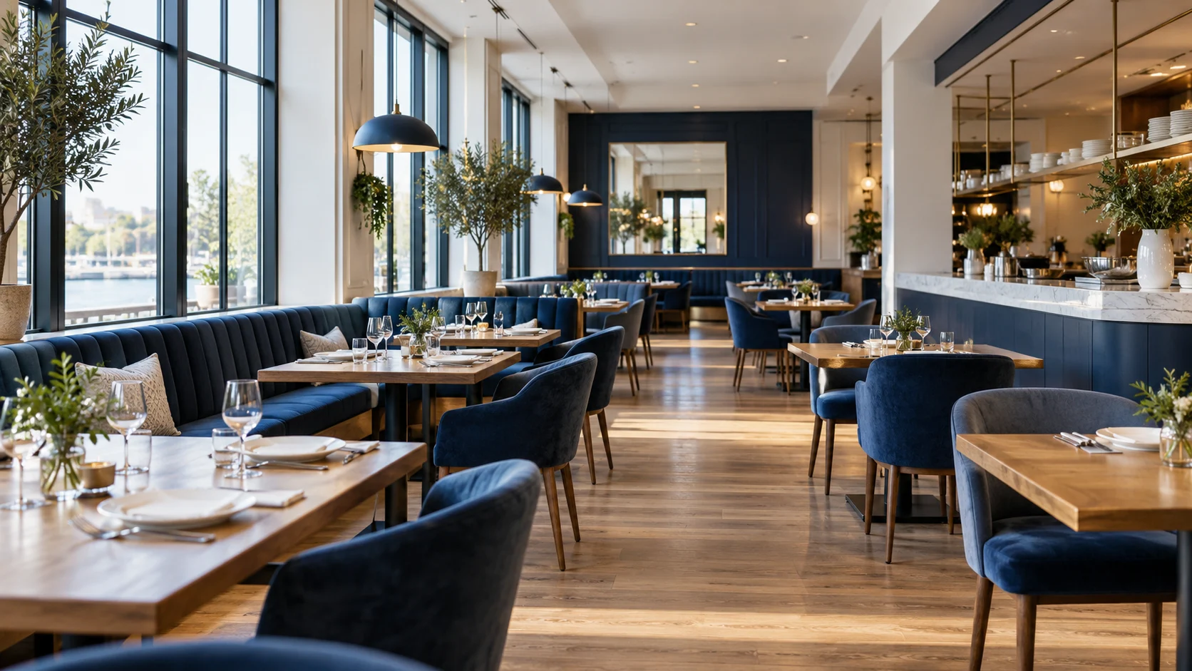 Wide panoramic editorial photograph of a contemporary independent restaurant dining room before opening, neatly set tables, quiet service counter, daylight through large windows and subtle navy upholstery, no people or signage (AI-generated concept)
