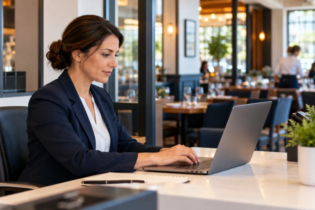 Close side view of a restaurant manager checking an unbranded laptop at a clean office desk beside the dining room, screen turned away, no customer records (AI-generated concept)
