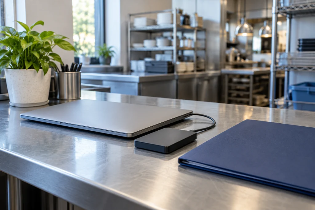 Still life of an unbranded backup drive, closed laptop and plain navy folder on a clean restaurant back-office desk, soft daylight, no screens or documents with text (AI-generated concept)