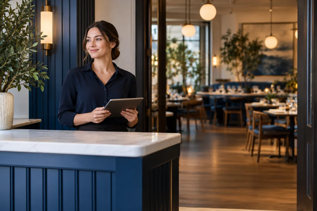 Candid restaurant host at an empty reception counter holding an unbranded tablet with its screen away, doorway and softly blurred empty dining room behind (AI-generated concept)
