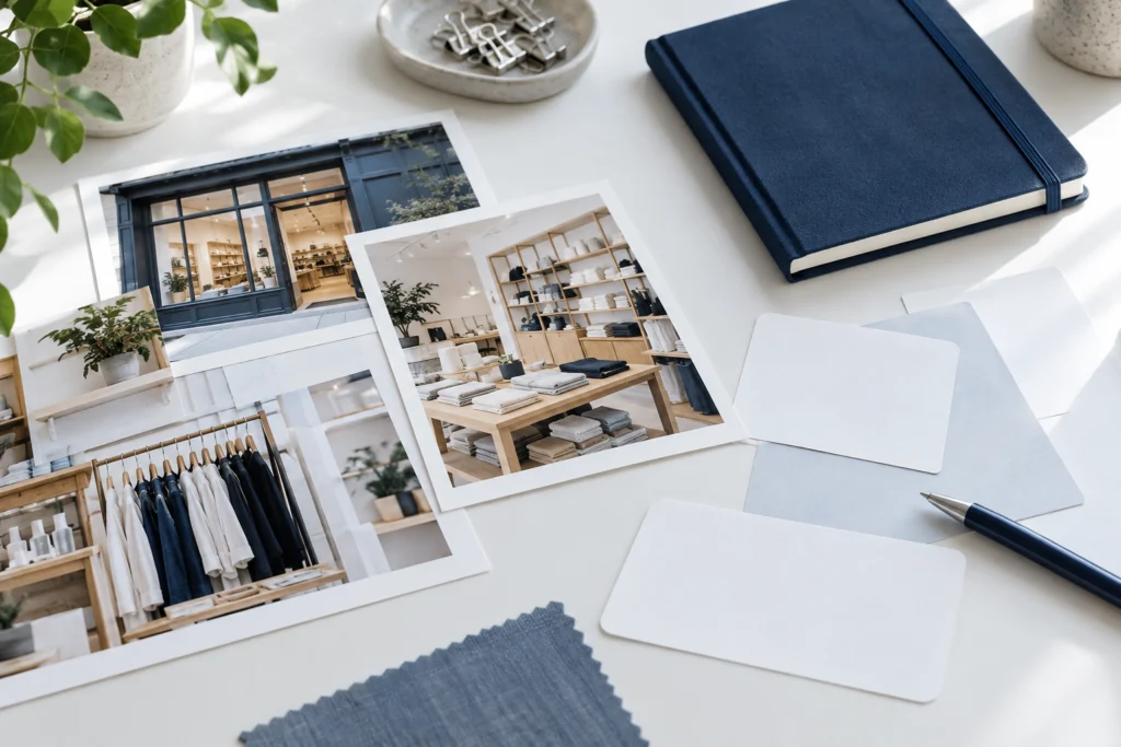 Overhead still life of anonymous product photography prints, blank campaign planning cards and a closed navy notebook on a white retail worktable, no people or screens (AI-generated concept)