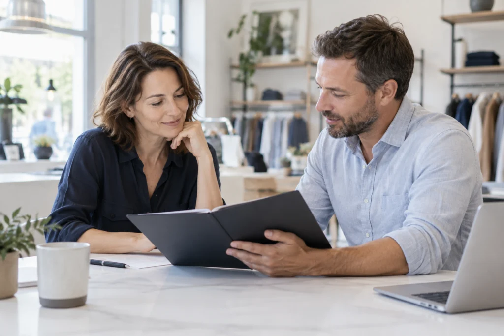 Retail business owner and website maintainer discussing an unbranded closed documentation folder across a bright meeting table, relaxed candid profile composition (AI-generated concept)