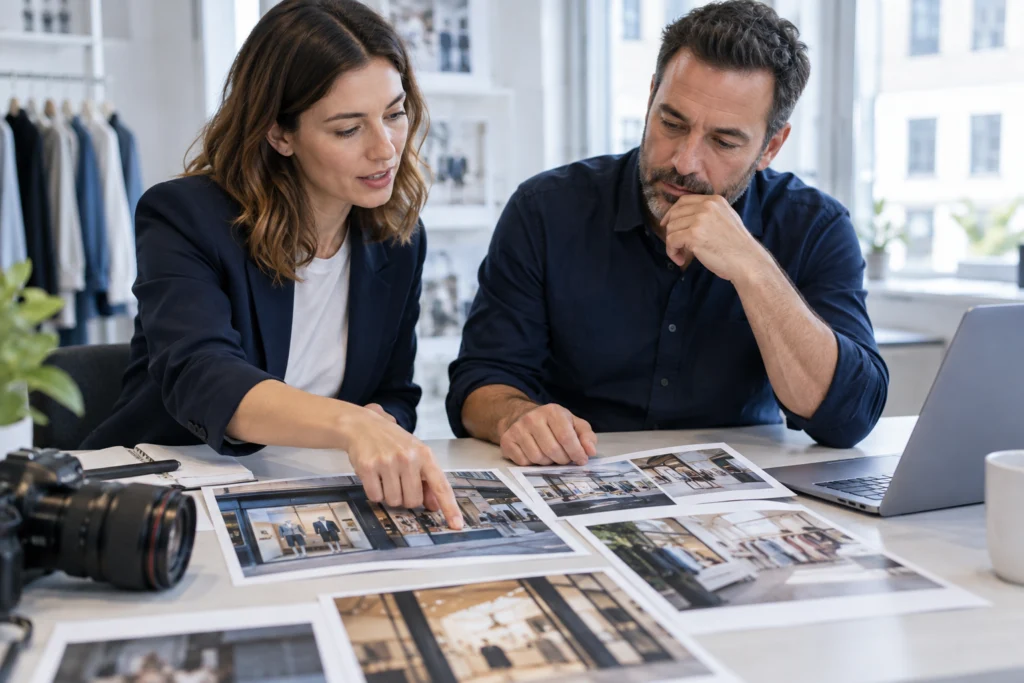 Retail marketing colleague reviewing shop-window and product photographs with a store manager at an office desk, camera and anonymous prints, laptop screen turned away (AI-generated concept)