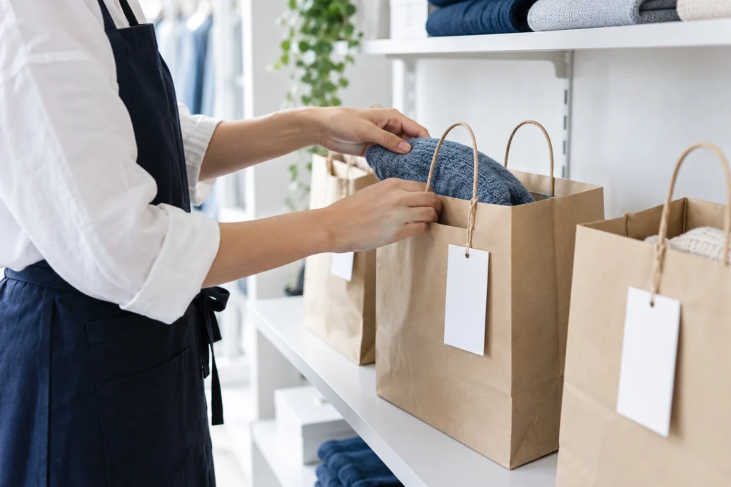 Retail assistant organising a few unbranded reserved items in plain paper bags on a clean collection shelf, anonymous blank tags, careful hands, close framing (AI-generated concept)