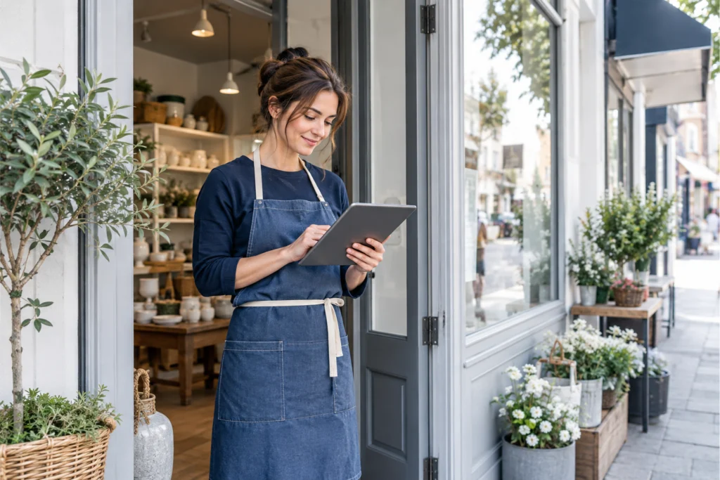 Street-level photograph of a welcoming unbranded neighbourhood shop entrance with a staff member checking a tablet held with screen turned away, no readable signage (AI-generated concept)