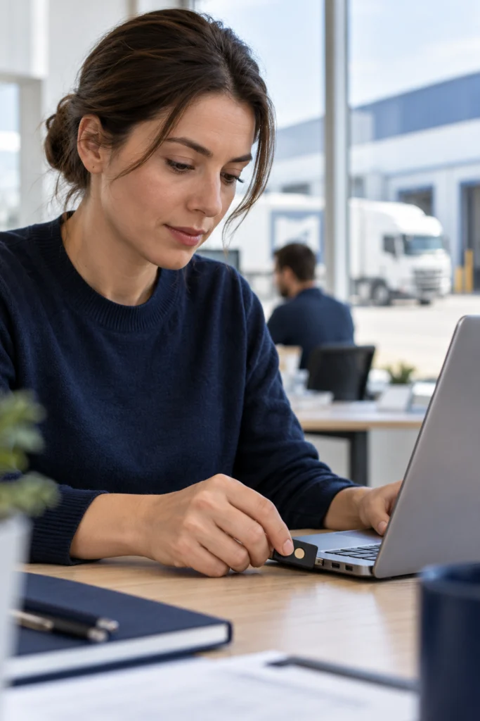 Vertical close-up of a transport website coordinator using an unbranded hardware security key at an office laptop, hands and computer edge with screen turned away, soft daylight (AI-generated concept)