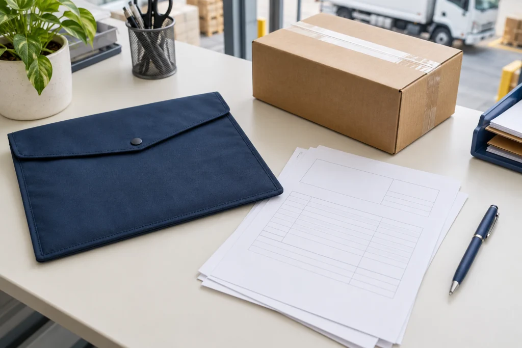 Overhead still life of a plain closed document pouch, blank forms, unmarked parcel and a navy pen on a light logistics office worktable, no people, no readable labels (AI-generated concept)