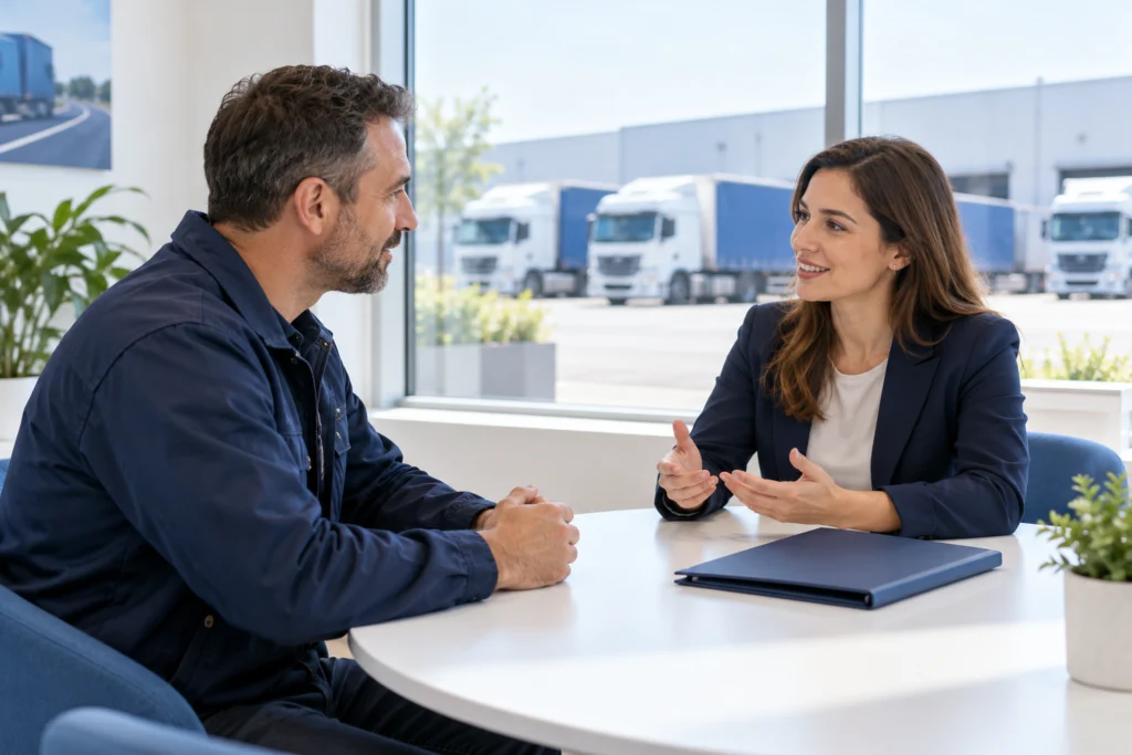 Logistics business owner and website specialist talking across a bright small meeting table with a closed navy folder, candid profiles, natural professional environment, no screens or documents with text (AI-generated concept)