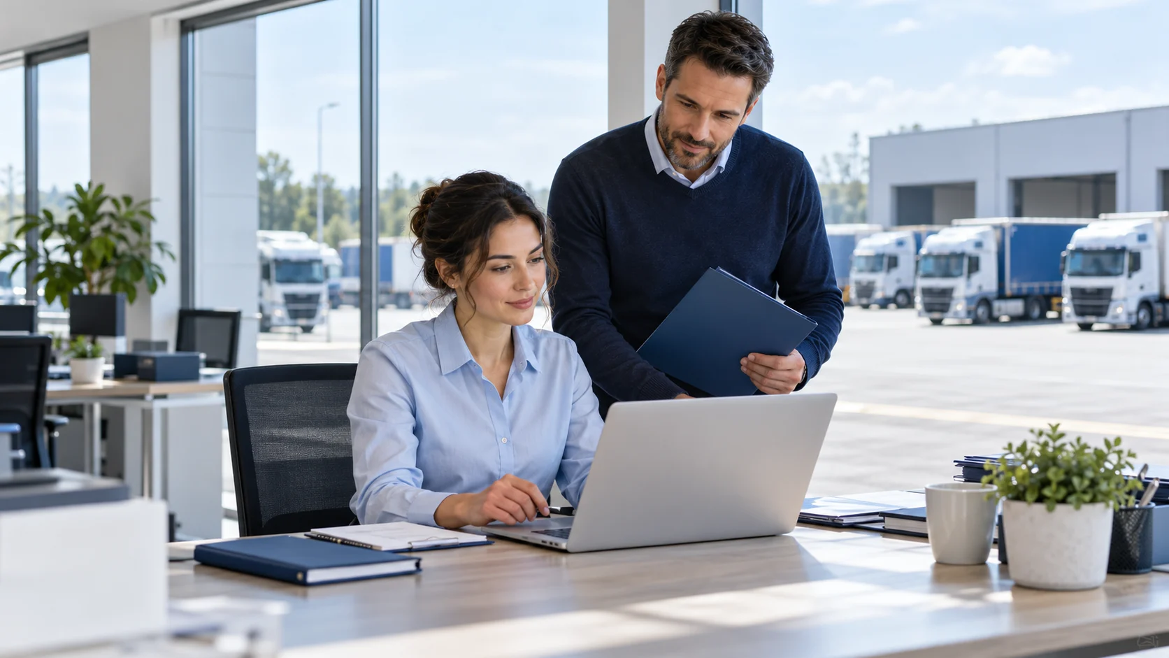 Logistics customer-service coordinator reviewing an unbranded laptop in a bright transport office overlooking a tidy truck depot through glass (AI-generated concept)