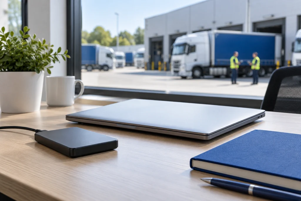 Unbranded backup drive, closed laptop and plain blue notebook on a quiet transport office desk, softly blurred depot in background, composed still life (AI-generated concept)